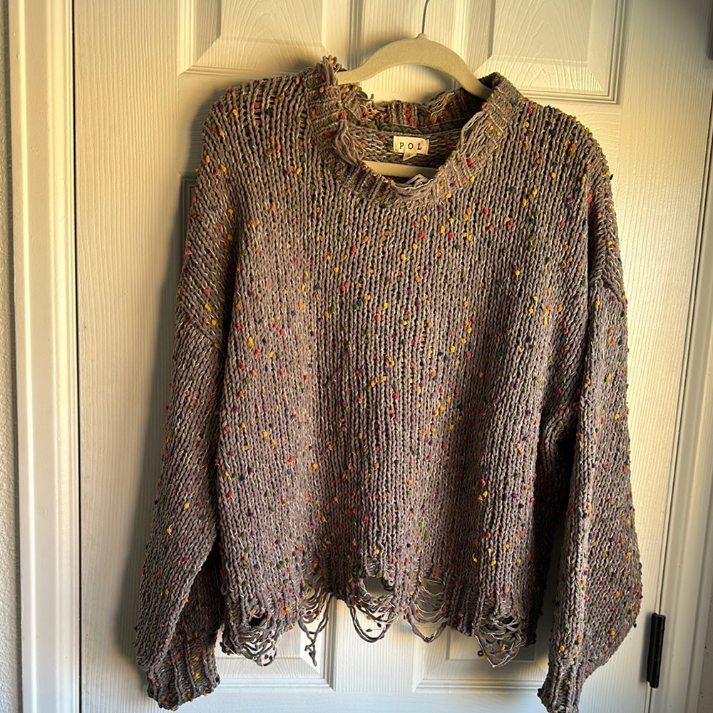 POL Women's Gray Distressed Sweater